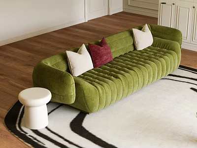 Green Three Seater Velvet Sofa with White and Red Cushions on Black and White Rug 3d model