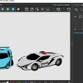 Blue Sports Car and White Police Car with Red and Blue Lights and Futuristic Design