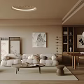 Modern Living Room With Beige Sofa Coffee Table Decorative Artwork Round Ceiling Light And Rug