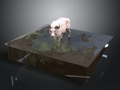 White Cow Standing On Square Platform With Grass Water Puddle And Rock 3d model