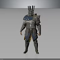 Medieval Warrior Character In Silver Armor With Spiked Helmet And Blue Decorations