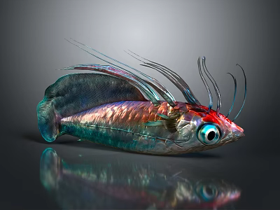 Vibrant Colorful Fish with Long Tentacles Large Expressive Eyes Metallic Sheen and Dark Background Reflection 3d model
