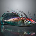 Vibrant Colorful Fish with Long Tentacles Large Expressive Eyes Metallic Sheen and Dark Background Reflection