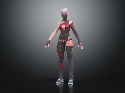 Humanoid Creature Character with Pink Hair Mask and Black Red Decorative Combat Outfit 3d model