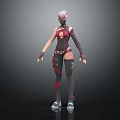 Humanoid Creature Character with Pink Hair Mask and Black Red Decorative Combat Outfit