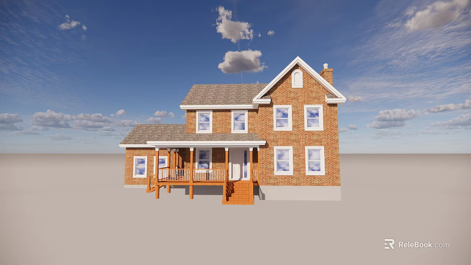 Single Family Detached House Featuring Brick Exterior White Window Frames Porch and Chimney 3d model 