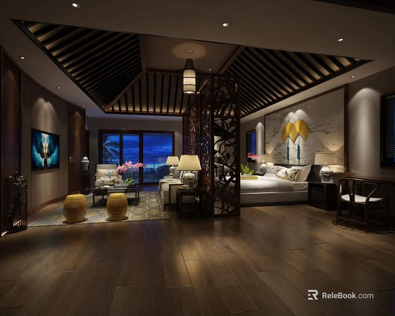Hotel Guest Room With Chinese Style Wooden Ceiling Lattice Screen And Scenic View 3d model 