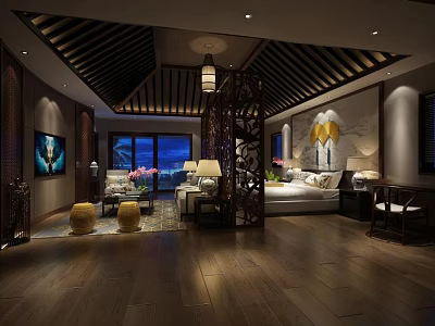 Hotel Guest Room With Chinese Style Wooden Ceiling Lattice Screen And Scenic View 3d model