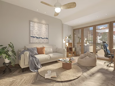 Bright Living Room Interior With Beige Sofa Abstract Painting Wooden Ceiling Fan And Large Windows 3d model