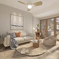 Bright Living Room Interior With Beige Sofa Abstract Painting Wooden Ceiling Fan And Large Windows