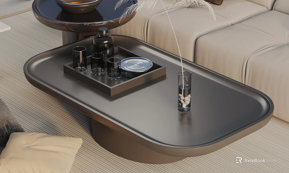 Modern Coffee Table with Tray Glass Cups Vase and Plant in Living Room 3d model 