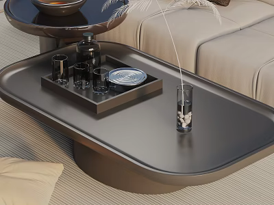 Modern Coffee Table with Tray Glass Cups Vase and Plant in Living Room 3d model