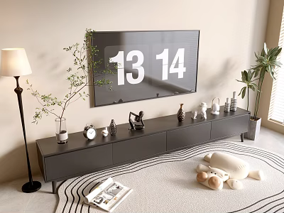 Modern TV Stand With Wall Mounted TV Decorative Items Floor Lamp And Potted Plant 3d model
