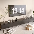 Modern TV Stand With Wall Mounted TV Decorative Items Floor Lamp And Potted Plant