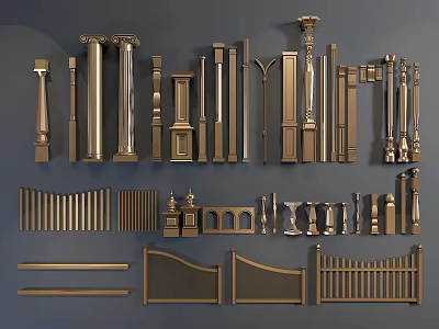 Ornate Golden Roman Columns Featuring Various Decorative Styles And Elements 3d model