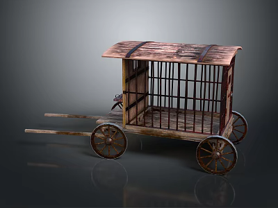 Vintage Wooden Cart With Iron Bars Wooden Roof And Spoked Wheels 3d model