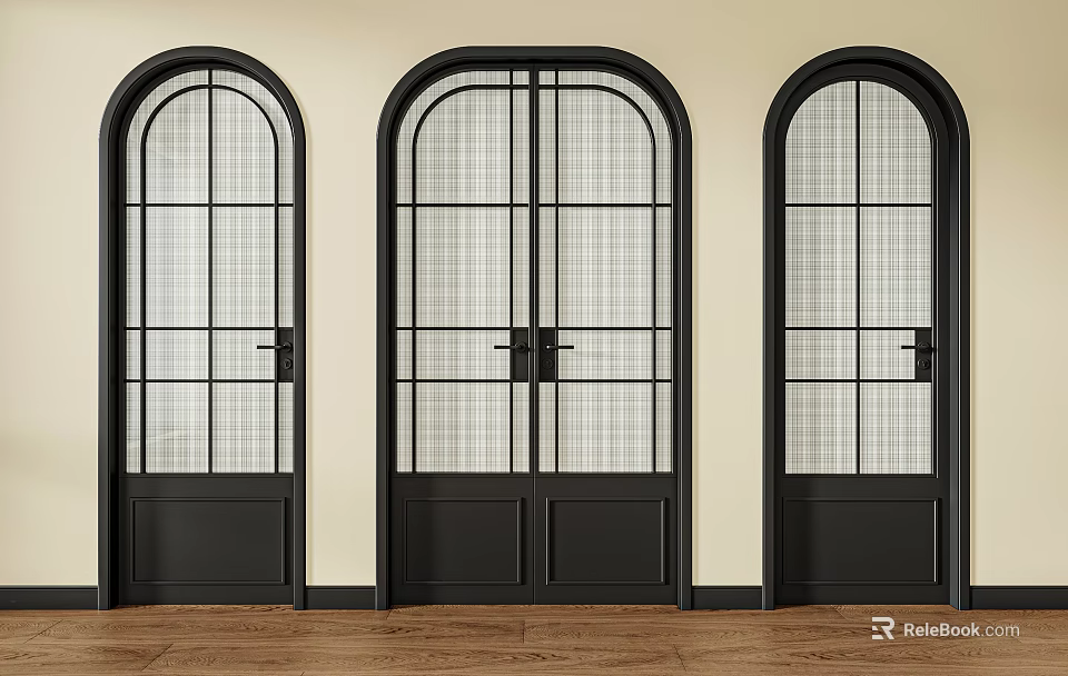 Black Framed Arched Top Casement Doors with Glass Panes and Light Colored Walls 3d model 