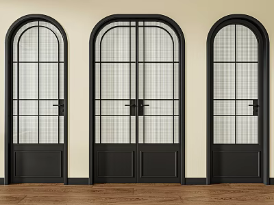 Black Framed Arched Top Casement Doors with Glass Panes and Light Colored Walls 3d model