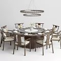 Elegant Modern Round Dining Table Set with 8 Chairs Tableware and Hanging Pendant Light 3d model