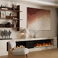 Modern Fireplace Interior With Marble Surround Artwork Decorative Shelves Floor Lamp And Accent Chair