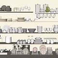 Dinnerware Set with Assorted Plates Cups Bowls Mugs Glasses Jars on Display Shelves