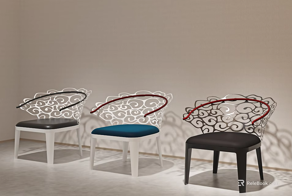 Artistic Single Chairs With Curved Scroll Backrest And Black Blue Seats White Frames 3d model 