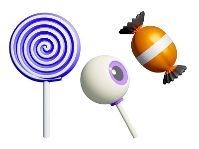 Colorful Assorted Candies Featuring Spiral Lollipop Eyeball Shape And Striped Treat 3d model