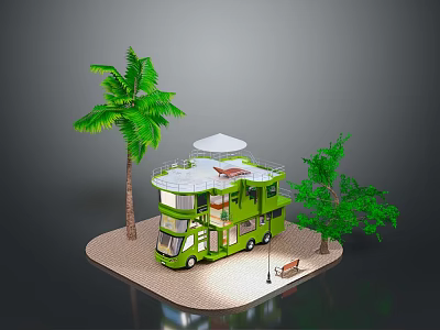 Green Double Decker Motorhome With Palm Tree Small Tree Bench Street Lamp In Outdoor Setting 3d model