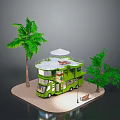 Green Double Decker Motorhome With Palm Tree Small Tree Bench Street Lamp In Outdoor Setting