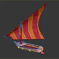 Decorative Sailboat with Orange and Red Striped Sail and Reflection