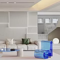 Modern Living Room Interior With White Sofa Green Cushions Blue Coffee Table And Bookshelf