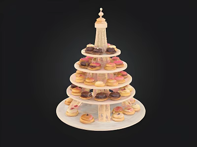 Tiered Dessert Stand Displaying Assorted Donuts And Cupcakes With Colorful Frosting And Decorative Design 3d model