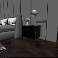 Modern Black Gold Nightstand With Drawers Table Lamp And Flower Vase Near Bed