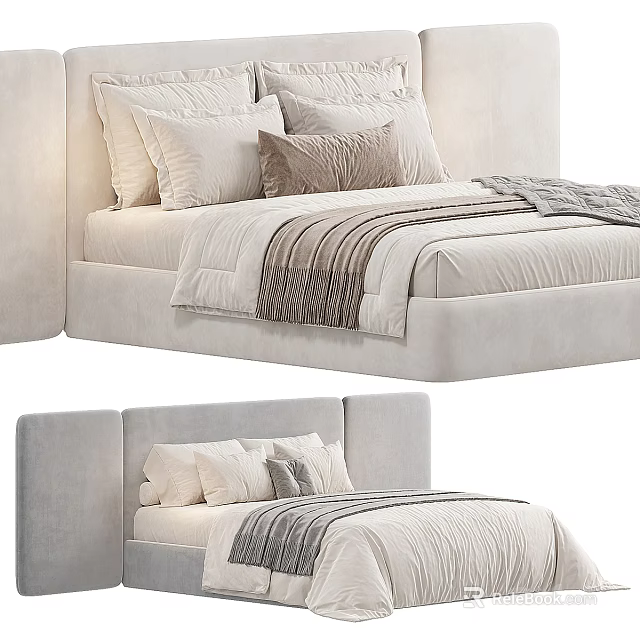 Comfortable Double Bed With Upholstered Headboard Soft Pillows And Cozy Blanket 3d model 