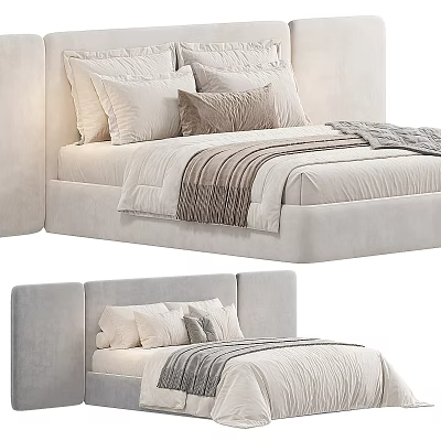 Comfortable Double Bed With Upholstered Headboard Soft Pillows And Cozy Blanket 3d model