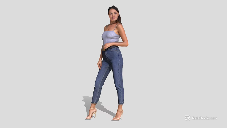 Fashionable Woman In Light Purple Tank Top Blue Jeans And High Heels Standing 3d model 