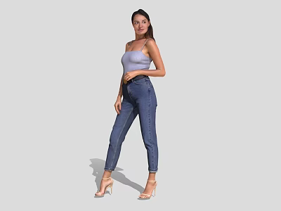 Fashionable Woman In Light Purple Tank Top Blue Jeans And High Heels Standing 3d model