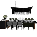 Modern Dining Table Set With Black Table Gray Chairs Green Plants And Pendant Light 3d model