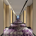 Hotel Corridor With Light Colored Walls Patterned Purple Beige Carpet And Ceiling Lights 3d model