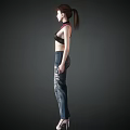 A Woman Dressed In Black Sleeveless Top With Pink Collar And Distressed Jeans
