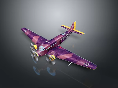 Vintage Twin Engine Airplane in Purple and Yellow with Surface Reflection 3d model