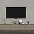 Stylish Light Wood TV Stand With Woven Doors Decorative Vase Sculpture Photo Frames And Books
