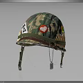 Camouflage Military Helmet With Decorative Stickers And Bullet Belt Accents