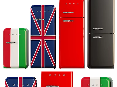 Retro Style Refrigerators and Freezers in Various Colors with Union Jack and Italian Flag Patterns 3d model