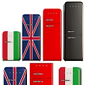 Retro Style Refrigerators and Freezers in Various Colors with Union Jack and Italian Flag Patterns