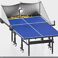 Professional Ping Pong Table With Blue Tabletop White Lines Automatic Ball Launcher Net And Wheels 3d model