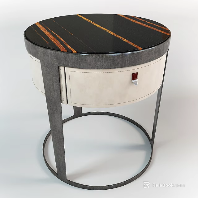 Round Top Nightstand with Black Brown Stripes Cream Drawer Red Lock and Gray Metal Frame 3d model 