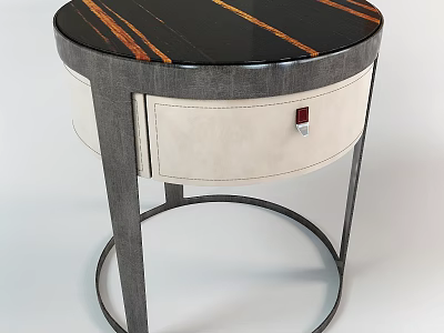 Round Top Nightstand with Black Brown Stripes Cream Drawer Red Lock and Gray Metal Frame 3d model