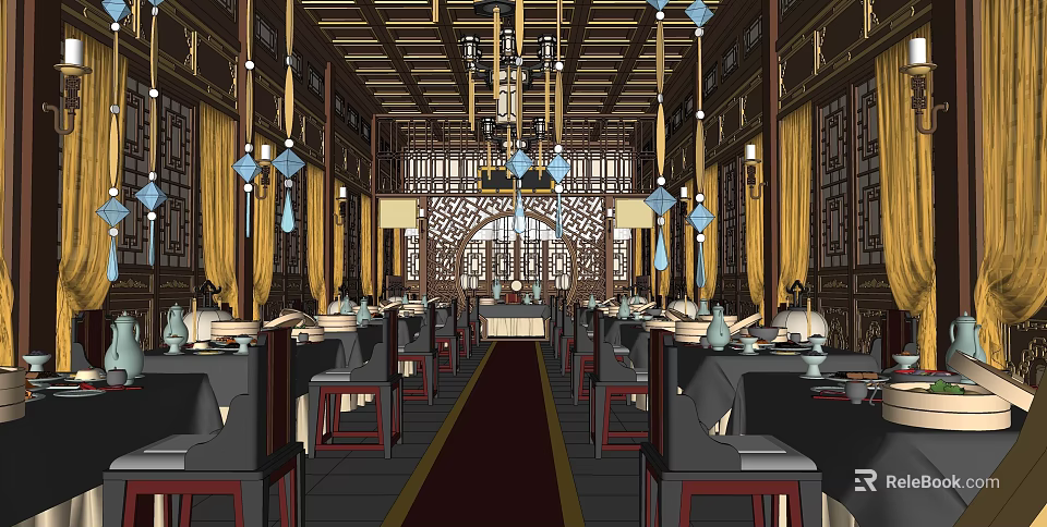 Traditional Chinese Banquet Hall Interior With Chandeliers Screens And Red Carpet 3d model 