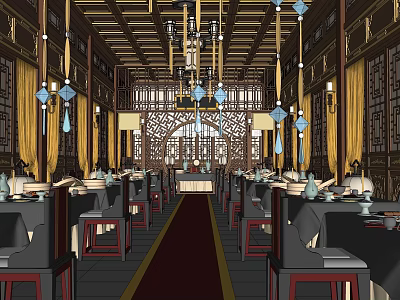 Traditional Chinese Banquet Hall Interior With Chandeliers Screens And Red Carpet 3d model
